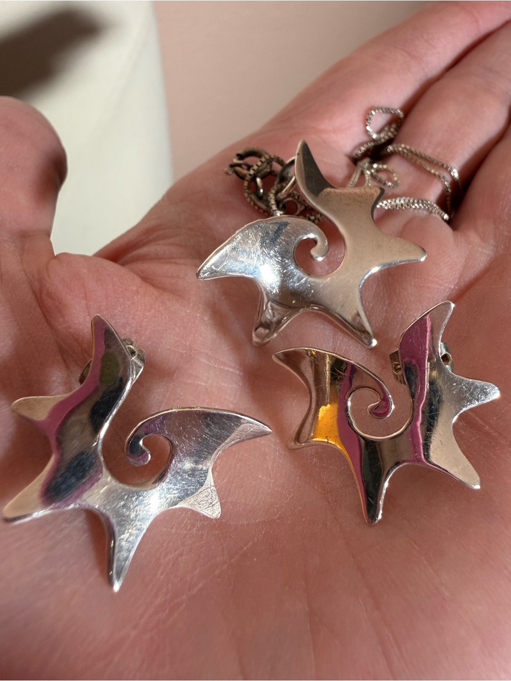 Vintage .950 sterling silver modernist abstract star necklace Earring set
